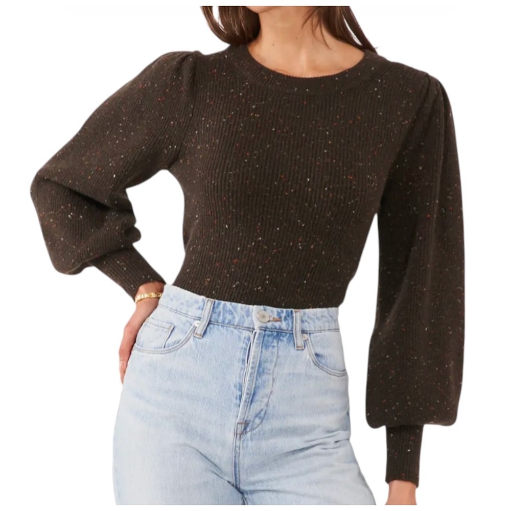 1.STATE SWEATER Speckled Crew Neck PUFF SLEEVES BROWN w/Orange Rust Confetti M